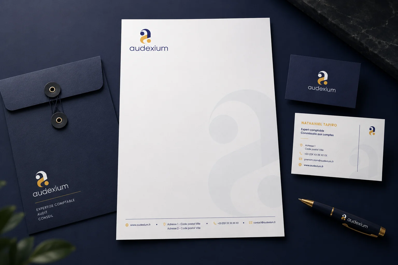 Détail de la papeterie Audexium - cartes de visite, papier en-tête et enveloppes