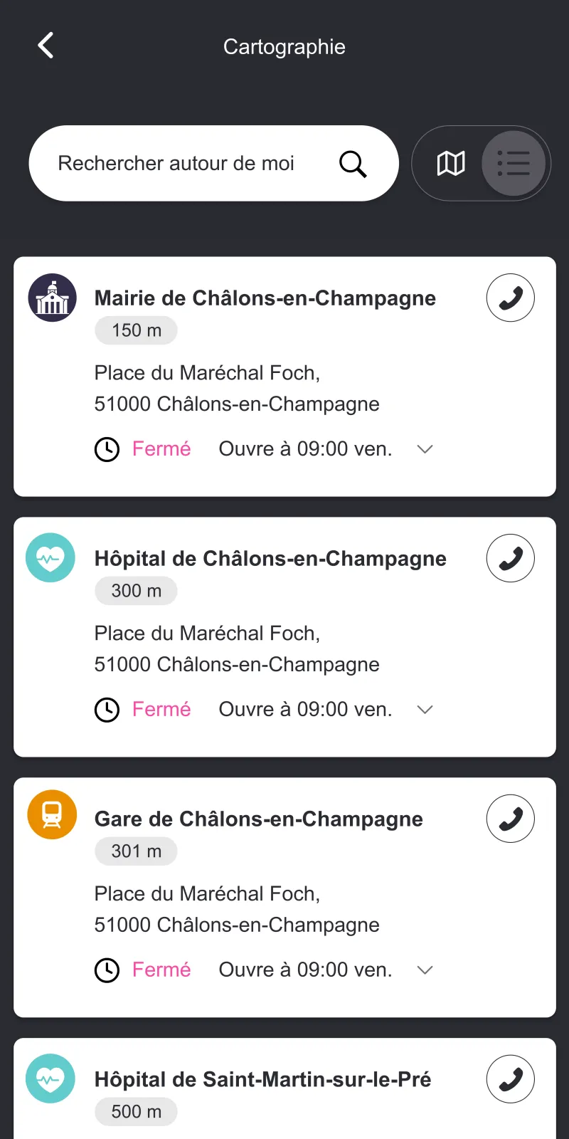 Écran lieux utiles autour de moi
