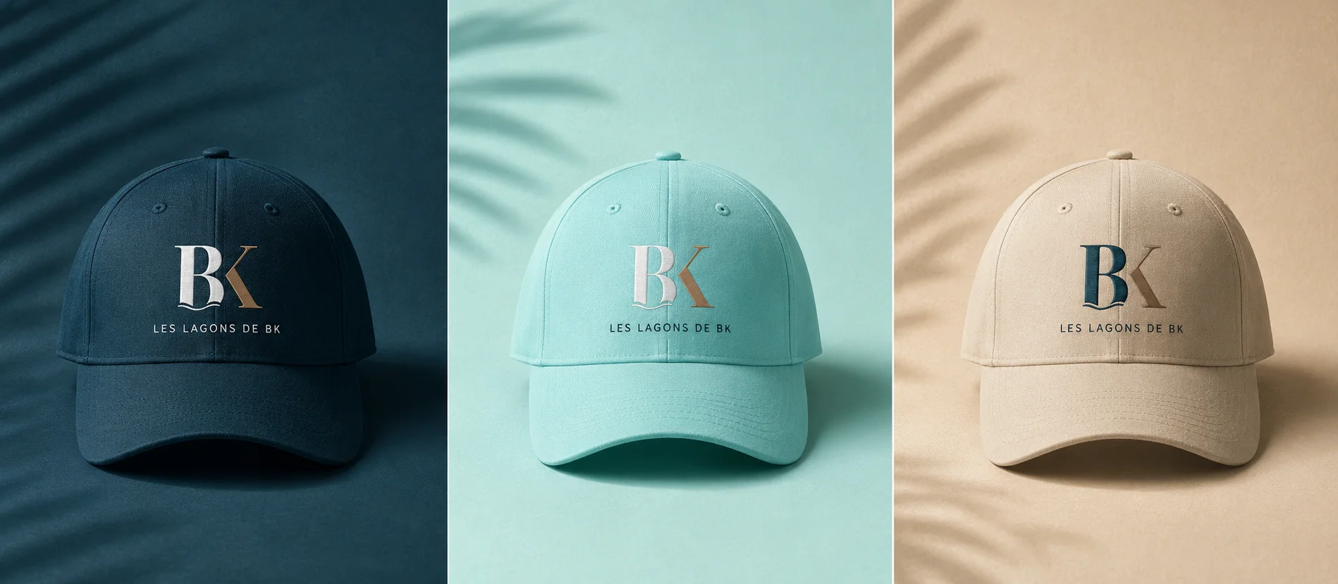 Trois casquettes brodées BK : navy, lagon, sable