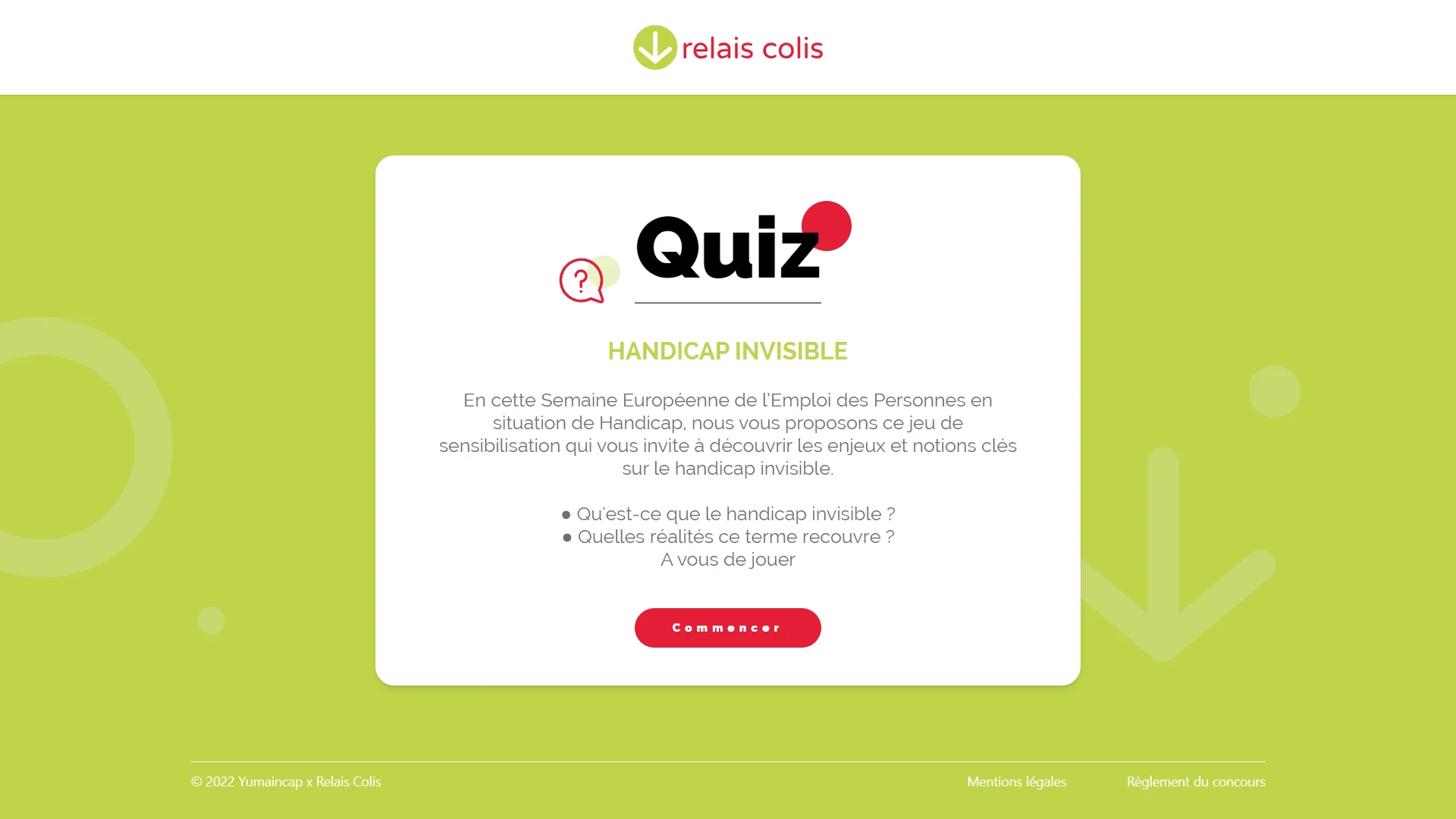 Page d'accueil du quiz en ligne sur le handicap invisible